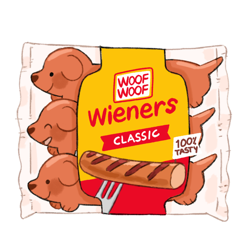 blush, closed_eyes, dachshund, dog, hot_dog, mjoyart, no_humans, open_mouth