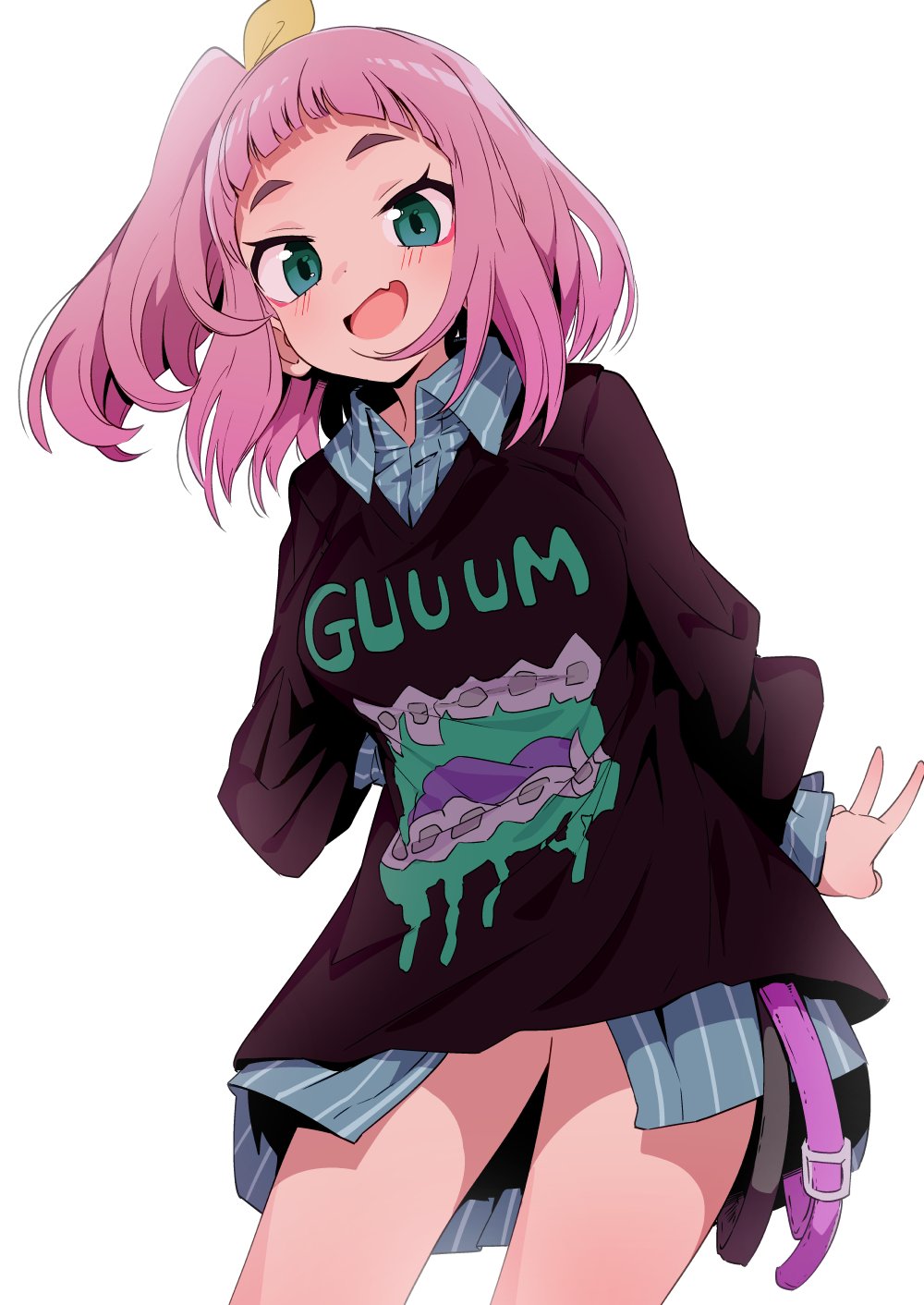 1girl, bare_legs, belt, black_shirt, blue_shirt, blush, breasts, commentary