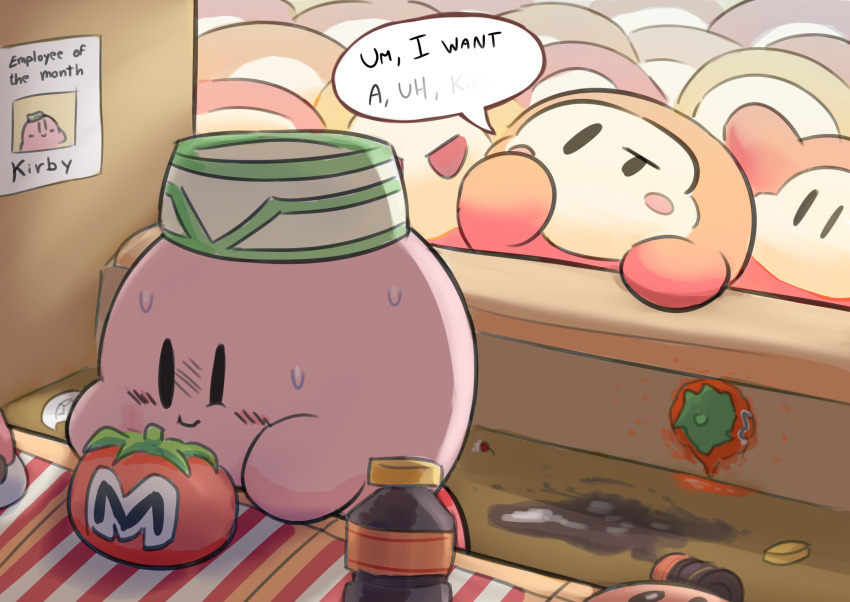 blush_stickers, broken_plate, car-mouth_cake, counter, dropped_food, energy_drink_(kirby), english_text, forced_smile