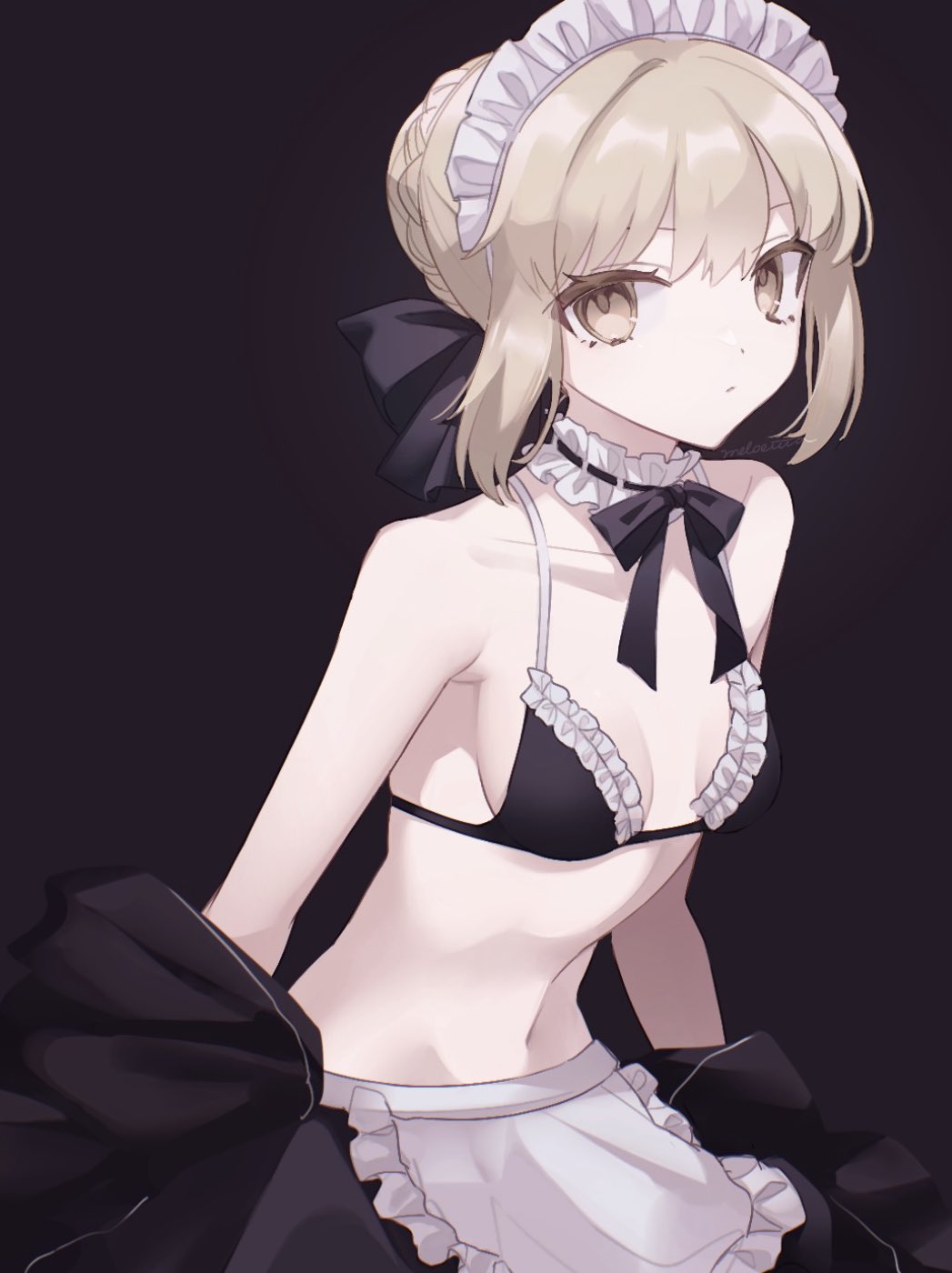 1girl, apron, artoria_pendragon_(fate), bikini, bikini_top_only, black_background, black_bikini, black_jacket