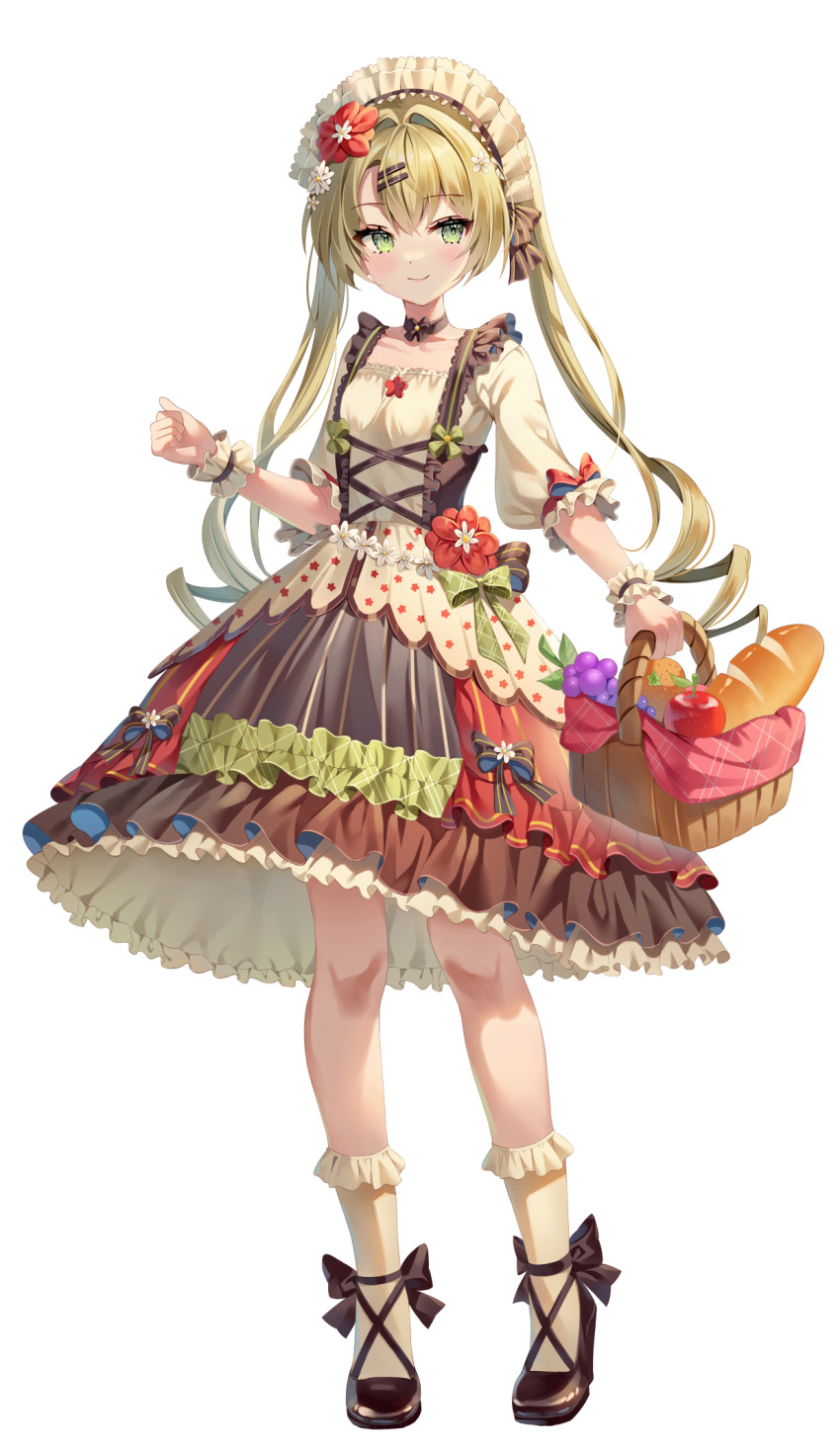 1girl, ankle_bow, ankle_ribbon, ankle_socks, apple, basket, black_bow, black_choker