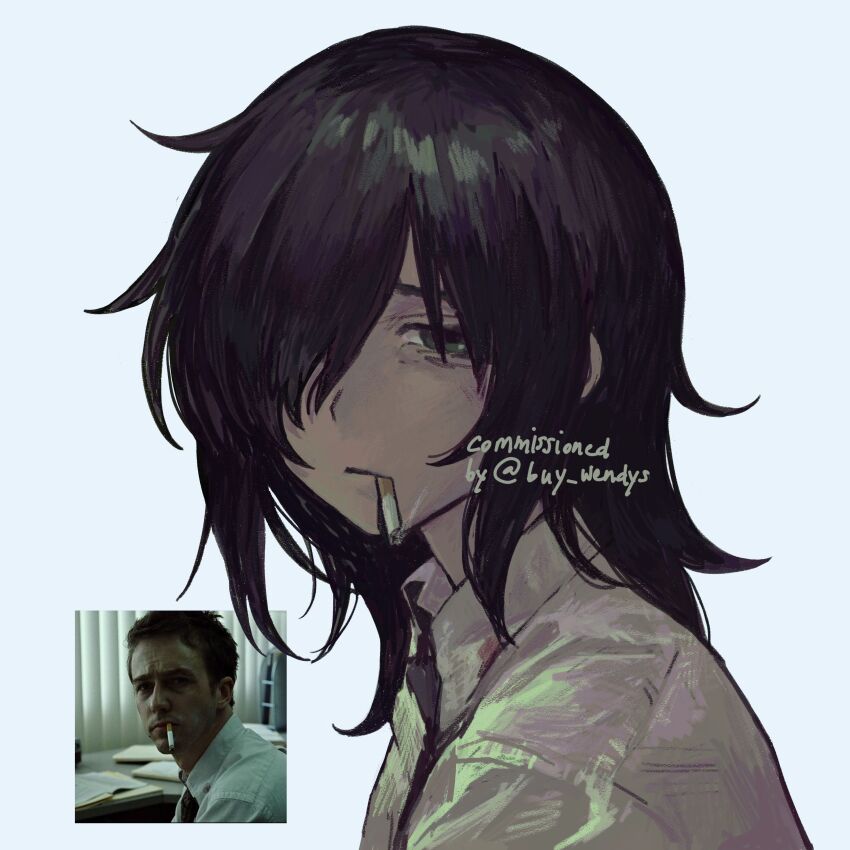 1girl, absurdres, aged_up, bags_under_eyes, black_hair, black_necktie, commission, depressed, dress_shirt, english_text, fight_club, green_eyes, hair_over_one_eye, half-closed_eyes, hasu_art, highres, kuroki_tomoko, long_hair, looking_at_viewer, messy_hair, necktie, photo-referenced, shirt, simple_background, smoking, solo, tyler_durden, watashi_ga_motenai_no_wa_dou_kangaetemo_omaera_ga_warui!, white_background, white_shirt