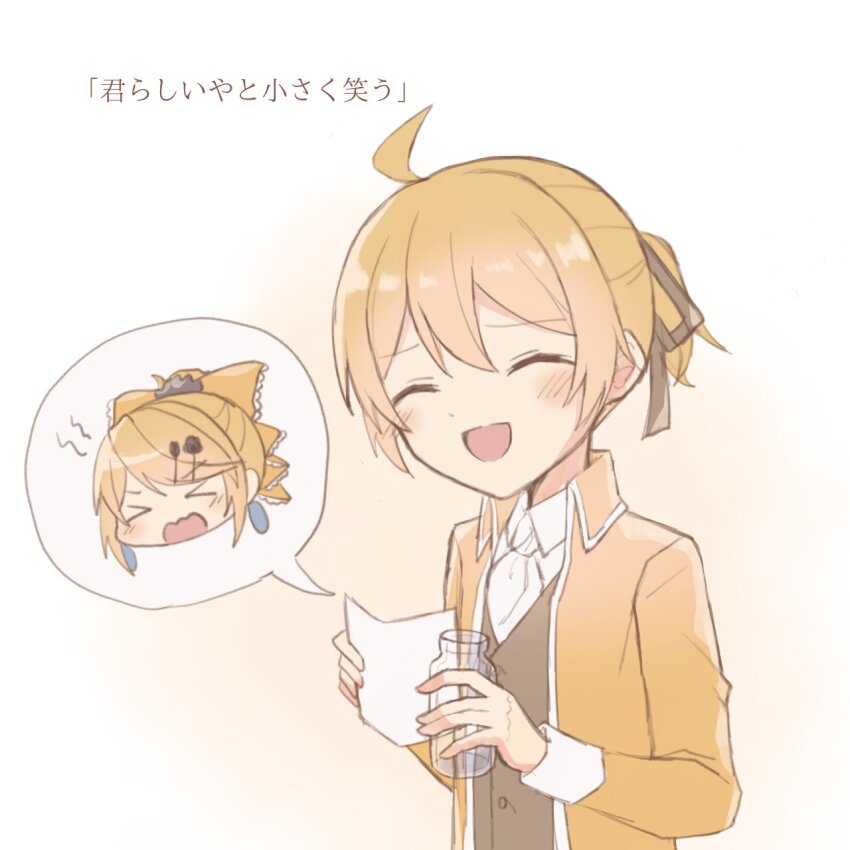 >_<, 1boy, 1girl, ahoge, allen_avadonia, aquamarinu, ascot, blonde_hair