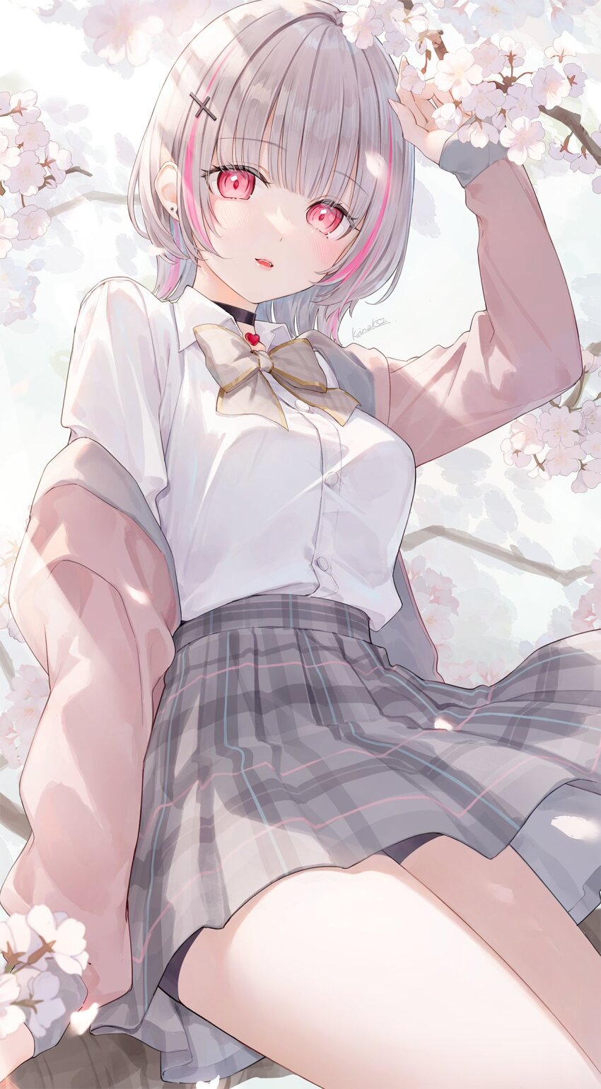 1girl, arm_up, asumi_sena, asumi_sena_(4th_costume), black_choker, bow, bowtie, breasts