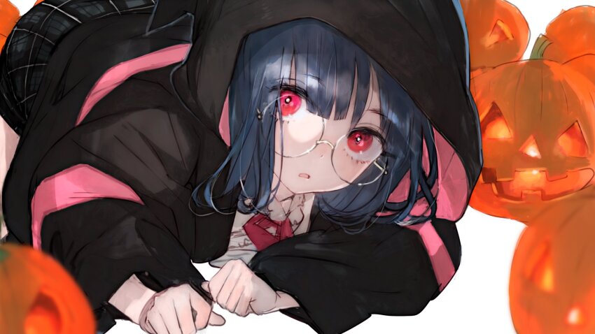 1girl, blue_hair, glasses, highres, hood, hoodie, jacket, looking_at_viewer