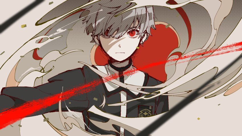 1boy, :|, bags_under_eyes, bishounen, blood, closed_mouth, dust, dust_cloud