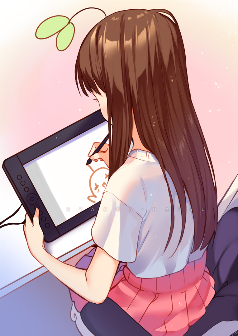 1girl, artist_name, artist_self-insert, blue_background, brown_hair, chair, drawing_tablet, facing_object