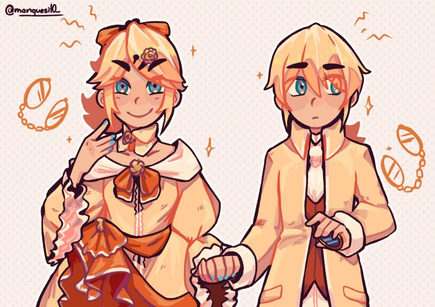 1boy, 1girl, aku_no_meshitsukai_(vocaloid), aku_no_musume_(vocaloid), allen_avadonia, aqua_eyes, aqua_nails, ascot