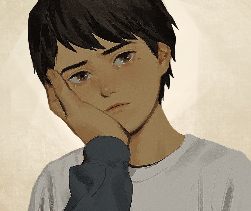 1boy, 1other, black_hair, child, close-up, closed_mouth, crying, daniel_diaz, hand_on_another's_cheek, hand_on_another's_face, head_rest, life_is_strange_(series), life_is_strange_2, looking_at_viewer, male_focus, original, portrait, shirt, short_hair, simple_background, solo_focus, upper_body, white_shirt, yone_f15