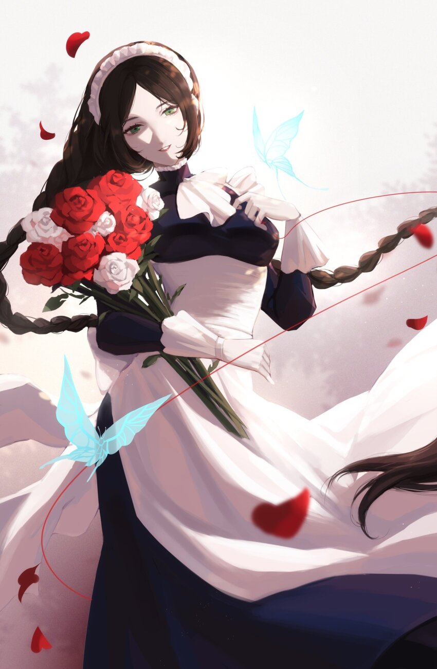 1girl, akiya_0627, ascot, black_hair, bouquet, braid, braided_ponytail, bug