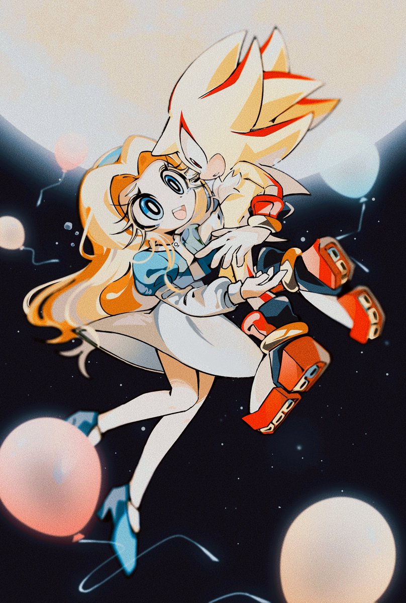 1boy, 1girl, animal_ears, animal_nose, balloon, blonde_hair, blue_dress, blue_eyes, blue_footwear, commentary_request, dress, full_body, furry, furry_male, gloves, highres, korean_commentary, long_hair, looking_at_another, maria_robotnik, merry_bongbong, open_mouth, shadow_the_hedgehog, shoes, smile, sonic_(series), space, star_(sky), super_shadow, tail, white_gloves