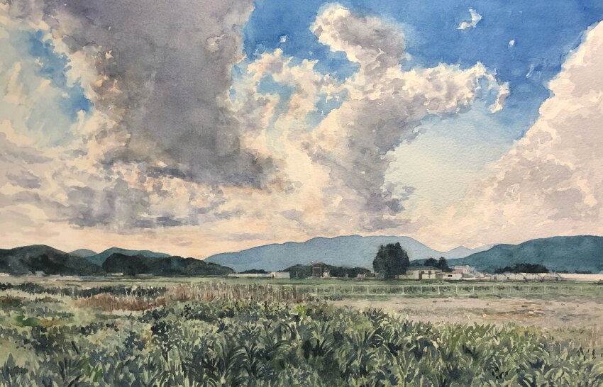 blue_sky, building, cloud, cloudy_sky, day, farm, fence, field