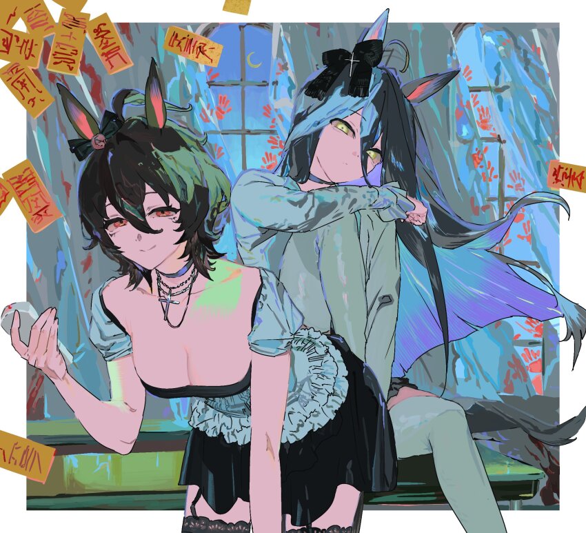 2girls, agnes_tachyon_(umamusume), ahoge, an1th1ngnb, animal_ears, arm_rest, bare_shoulders, black_bow