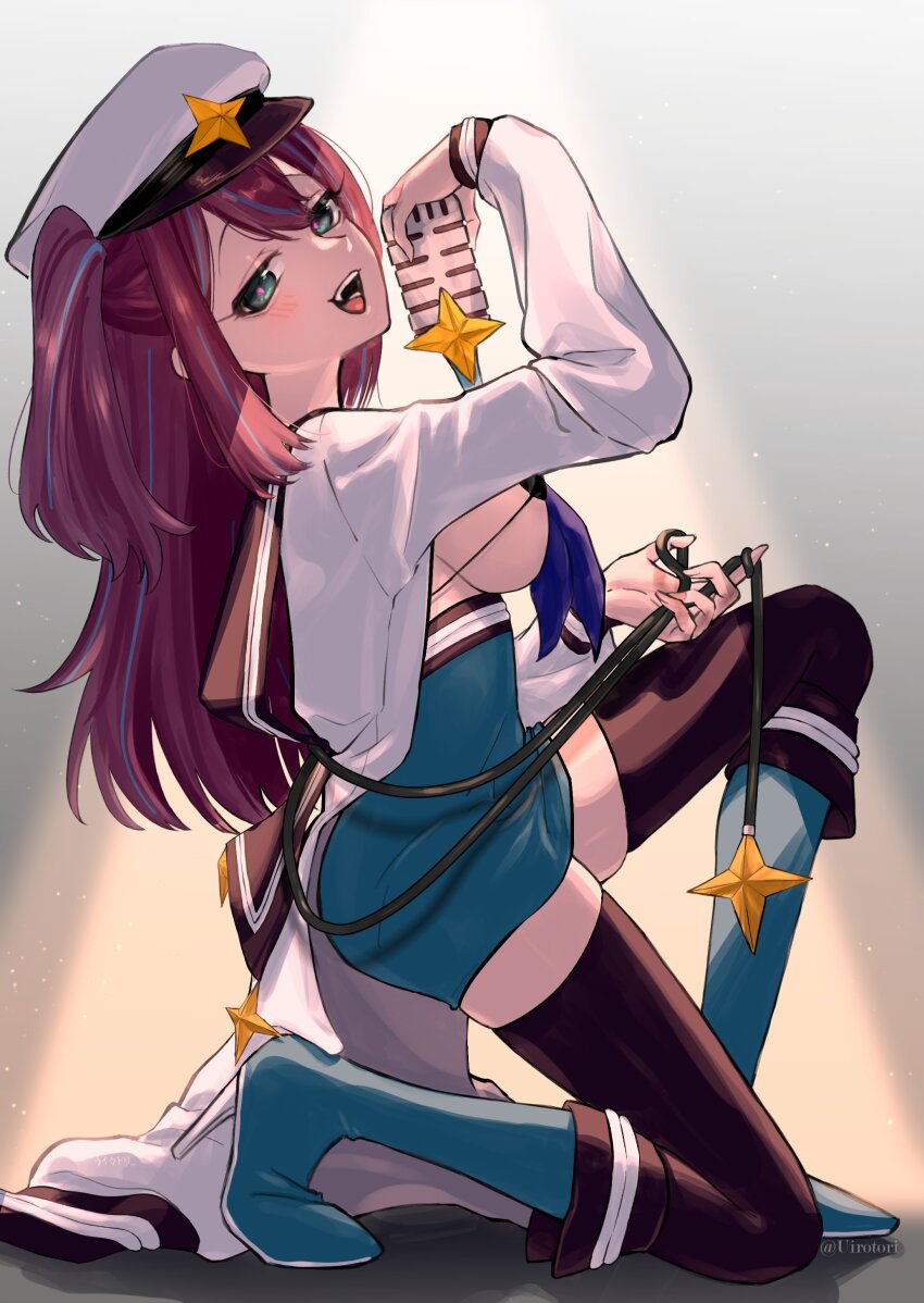 1girl, absurdres, akoya_matama, bikini, bikini_top_only, black_thighhighs, blue_eyes, blue_footwear