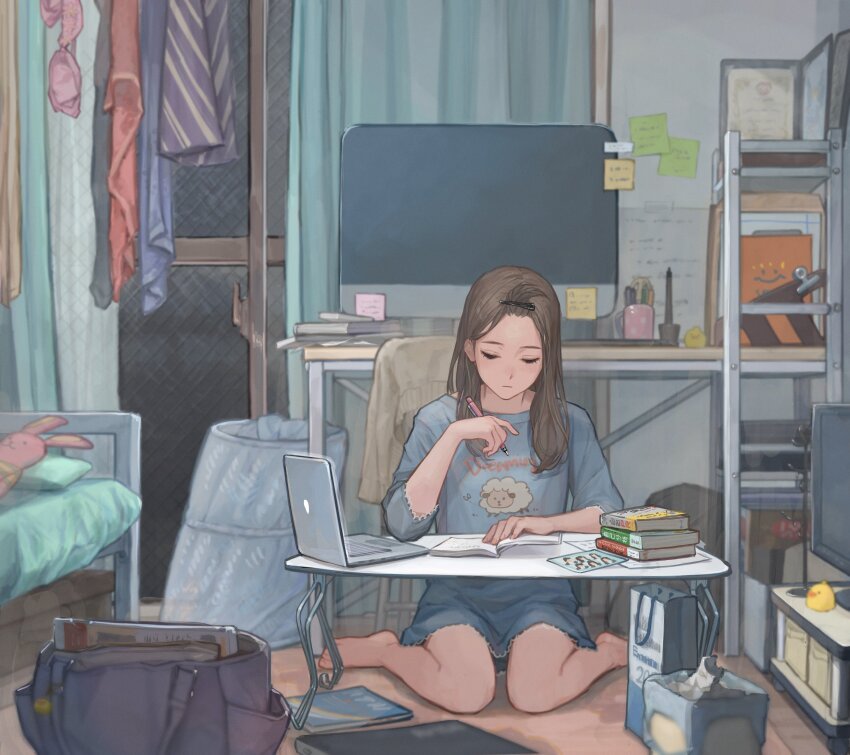1girl, absurdres, arm_on_table, bag, bangs_pinned_back, barefoot, bed, bird, book, book_stack, bra, brown_hair, clipboard, closed_mouth, commentary, computer, curtains, desk, drying, drying_clothes, duck, elbows_on_table, facing_object, feet, hair_behind_ear, hair_ornament, hair_over_shoulder, hairpin, hand_up, highres, holding, holding_pencil, indoors, laptop, laundry_basket, long_hair, long_sleeves, messy_room, monitor, night, on_floor, original, pencil, reading, shirt, sitting, sliding_doors, solo, sticky_note, studying, stuffed_animal, stuffed_rabbit, stuffed_toy, t-shirt, table, television, underwear, utaka_(anyoanyot), wariza, window