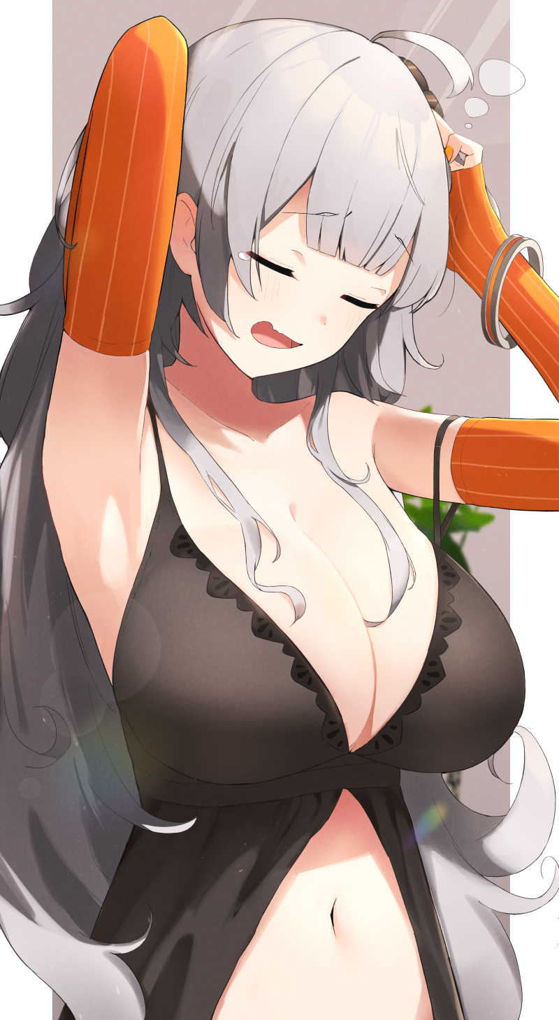1girl, ahoge, armpits, arms_up, bare_shoulders, breasts, cleavage, closed_eyes