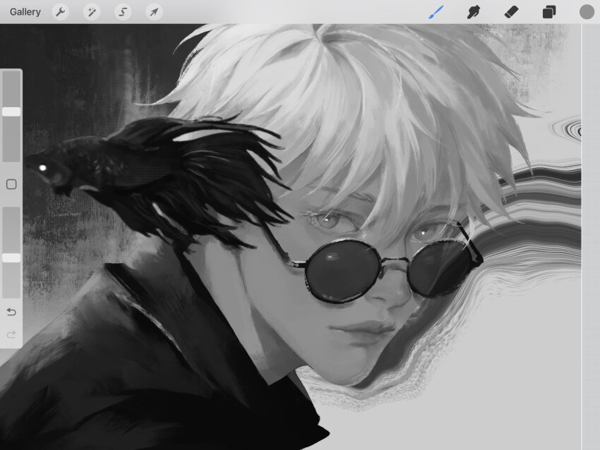 1boy, 3aem, animal, art_program_in_frame, black_fish, black_jacket, close-up, closed_mouth