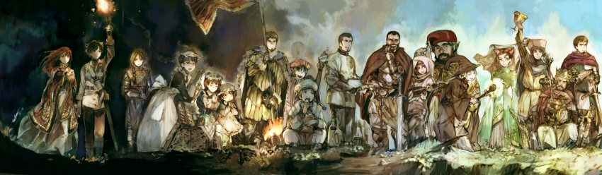 10s, 6+boys, 6+girls, annotated, armor, banner, black_hair, bottle