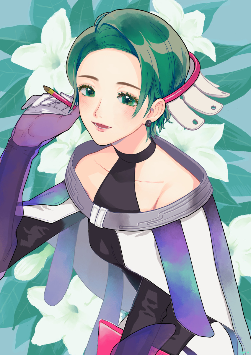 1girl, absurdres, bare_shoulders, dress, flower, gloves, gnosia, green_eyes, green_hair, highres, kashi0919, lily_(flower), lipstick, looking_at_viewer, makeup, pen, short_hair, sleeveless, sleeveless_dress, smile, solo, stella_(gnosia), white_flower