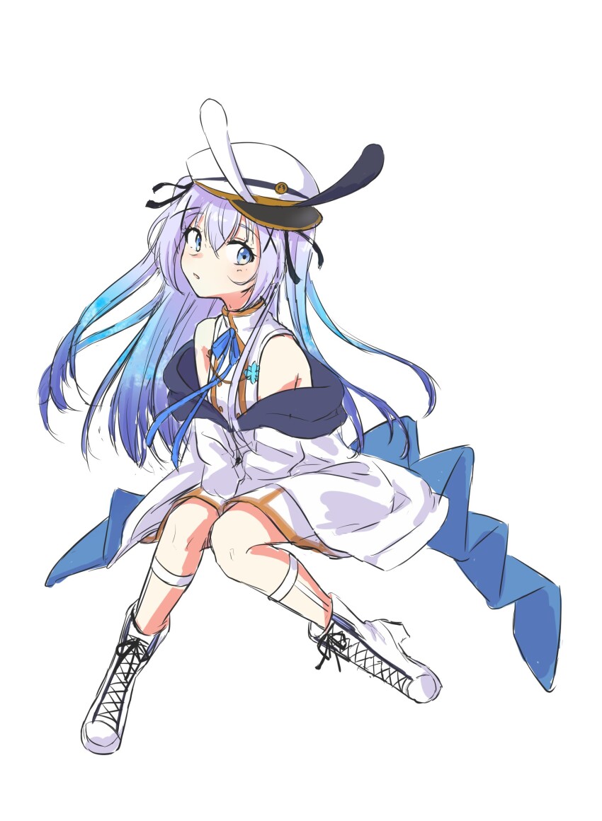 1girl, absurdres, alternate_costume, animal_hat, bare_shoulders, blue_hair, blue_jacket, boots