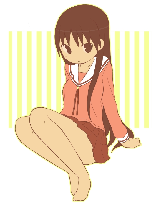 1girl, azumanga_daiou, bad_id, bad_pixiv_id, barefoot, black_eyes, black_hair, feet