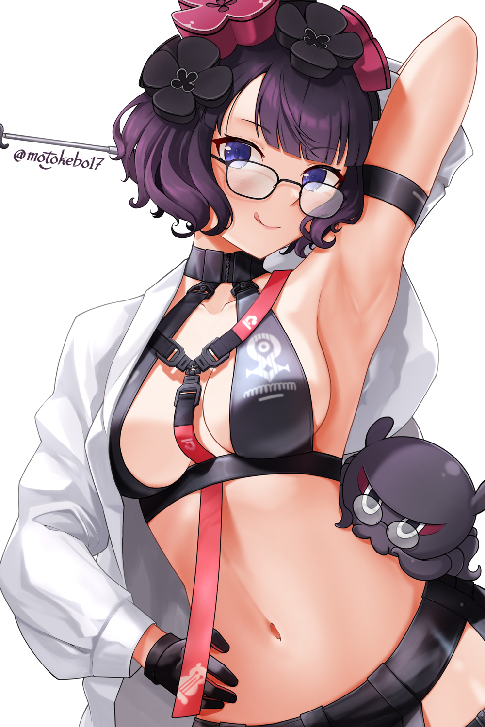 1girl, :q, armpits, bikini, black-framed_eyewear, black_bikini, black_gloves, black_hair, blue_eyes, coat, fate/grand_order, fate_(series), glasses, gloves, hair_ornament, hand_on_own_hip, highres, holding, holding_pointer, katsushika_hokusai_(9th_anniversary)_(fate), katsushika_hokusai_(exhibition_attire)_(fate), katsushika_hokusai_(fate), lab_coat, long_sleeves, looking_at_viewer, motokebo17, navel, octopus, official_alternate_costume, open_clothes, open_coat, pointer, presenting_armpit, short_hair, simple_background, smile, solo, stomach, swimsuit, tongue, tongue_out, toto-sama_(fate), twitter_username, white_background, white_coat