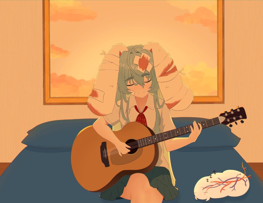 1girl, absurdres, ahoge, animal_ears, bandage_on_face, bandaged_head, bandages, bed, blouse, blue_hair, blue_skirt, bow, bowtie, closed_eyes, collared_shirt, double-parted_bangs, guitar, hair_between_eyes, hair_intakes, highres, indie_virtual_youtuber, instrument, light_blue_hair, long_hair, lop_rabbit_ears, noiriririri, on_bed, painting_(object), para_(vtuber), para_(3rd_costume)_(vtuber), parasite_(para), playing_guitar, playing_instrument, pleated_skirt, rabbit_ears, rabbit_girl, shirt, sidelocks, skirt, smile, thick_eyebrows, virtual_youtuber, white_shirt