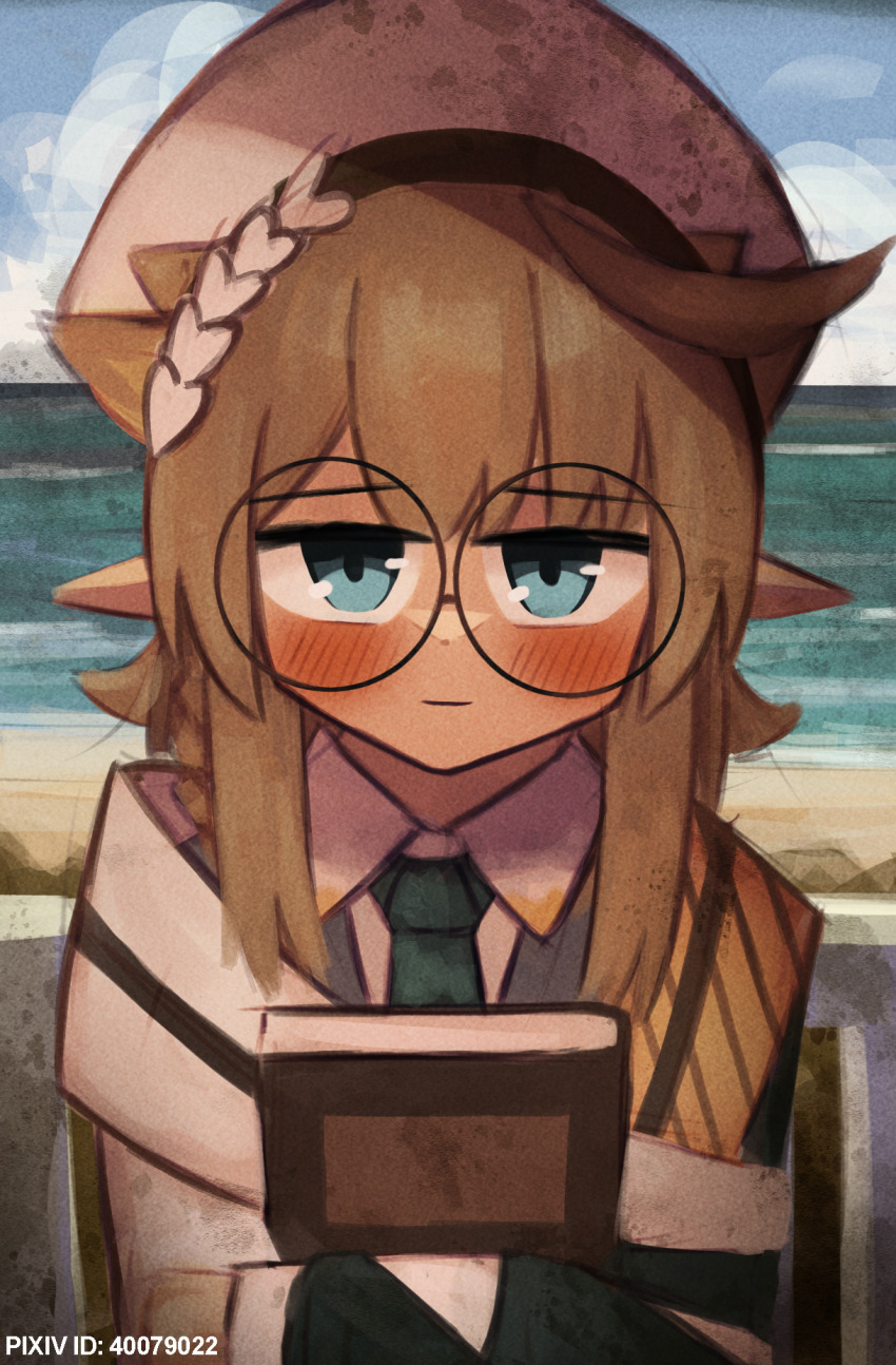 1girl, ahoge, arknights, beach, blue_eyes, blush, book, brown_hair