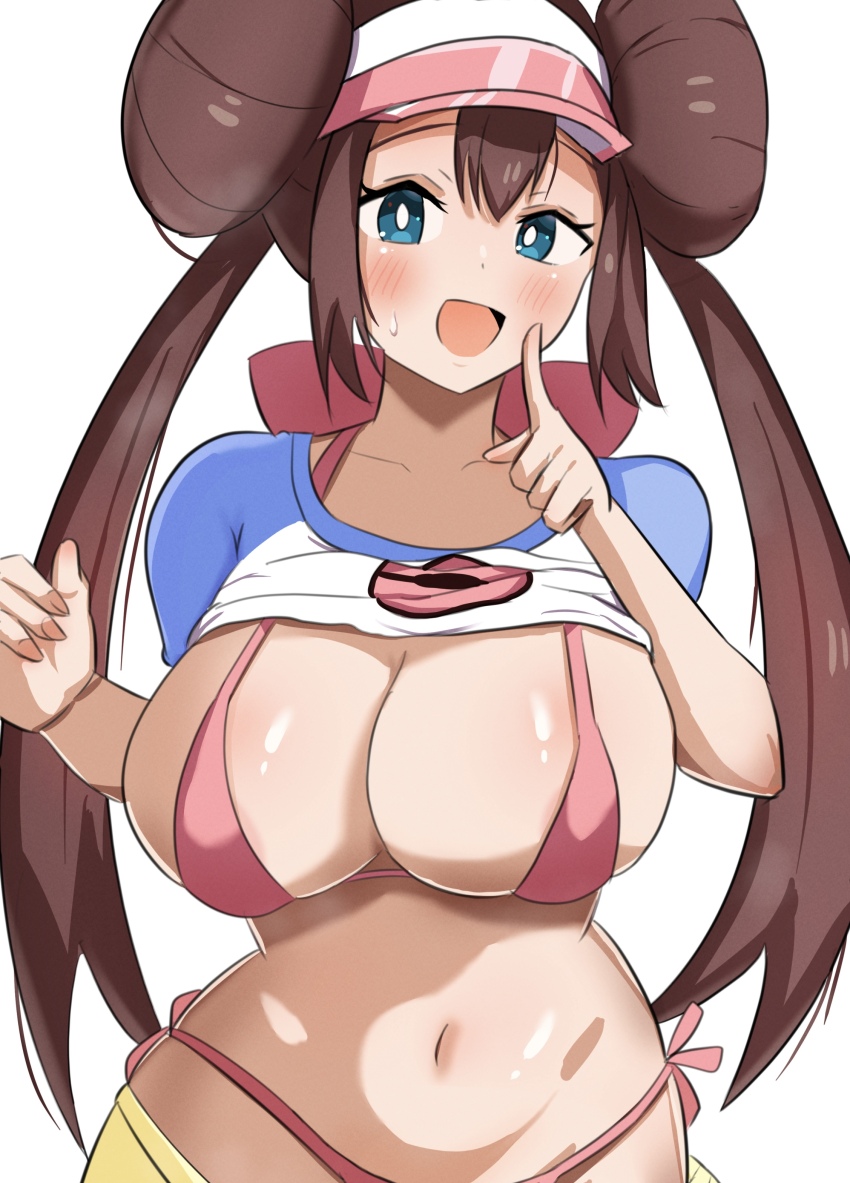 1girl, absurdres, amrbatafri, aqua_eyes, bikini, blush, breasts, brown_hair