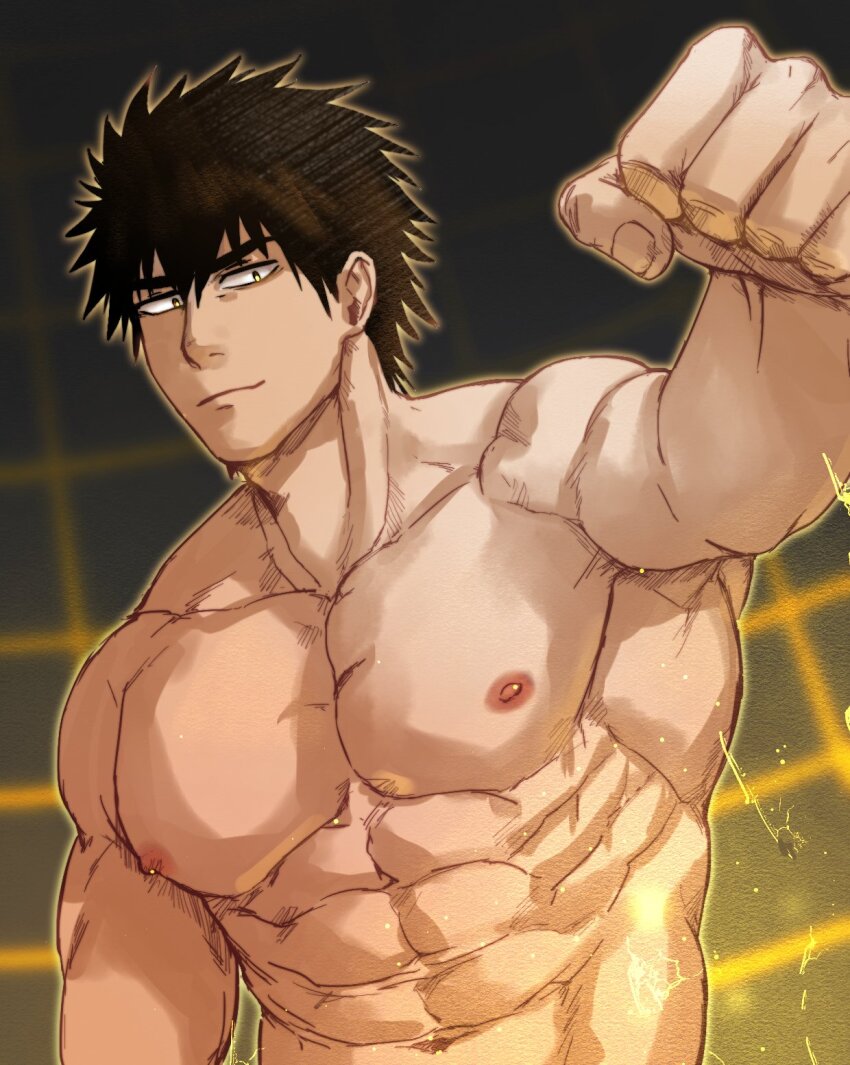 1boy, abs, ao_isami, bara, black_hair, facial_hair, highres, incoming_fist_bump