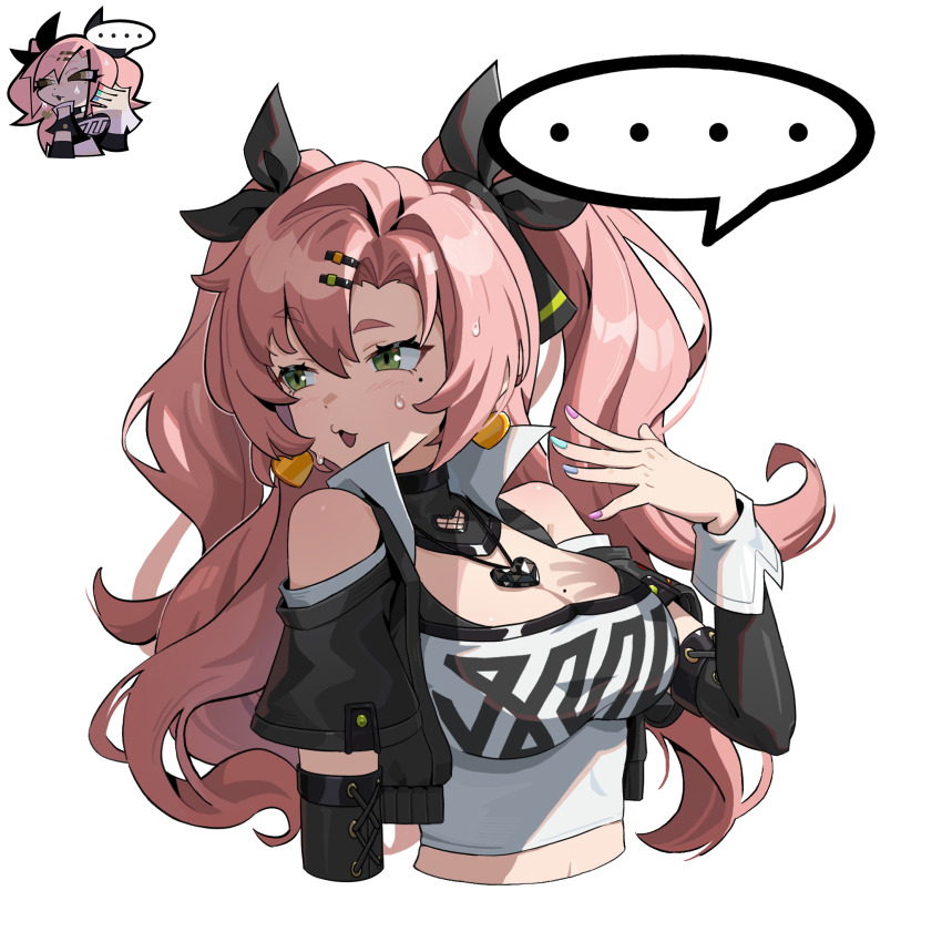 ..., 1girl, aqua_nails, bare_shoulders, black_jacket, black_ribbon, blue_nails, breasts