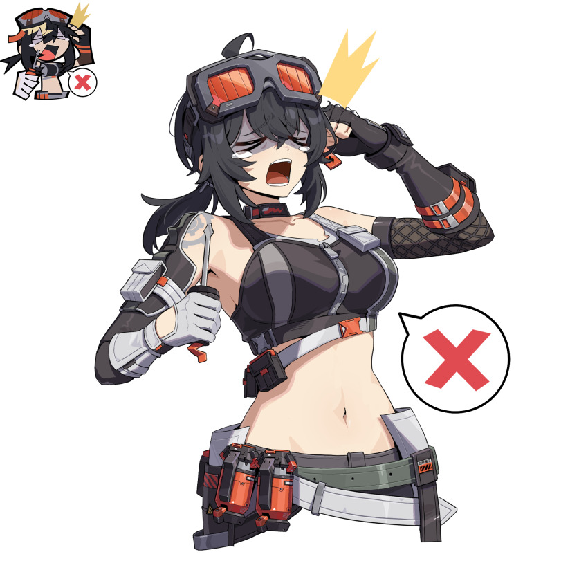 >_<, 1girl, ahoge, belt, black_gloves, black_hair, breasts, chibi, crop_top, elbow_gloves, fingerless_gloves, gloves, goggles, goggles_on_head, grace_howard, grey_gloves, highres, holding, holding_screwdriver, hyny, large_breasts, long_hair, low_ponytail, midriff, multiple_views, navel, official_art_inset, open_mouth, ponytail, screwdriver, shoulder_tattoo, sidelocks, simple_background, spoken_x, sports_bra, stomach, tattoo, tears, upper_body, white_background, white_belt, zenless_zone_zero
