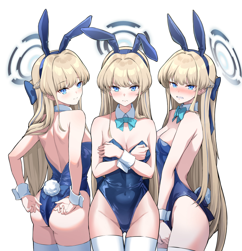 3girls, absurdres, animal_ears, ass, blonde_hair, blue_archive, blue_bow, blue_bowtie
