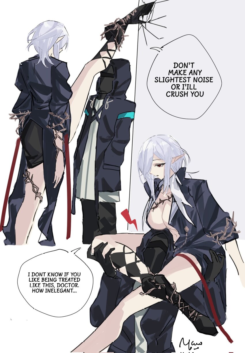 1boy, 1girl, arknights, corrupted_twitter_file, crack, cracked_wall, doctor_(arknights), english_text, gladiia_(arknights), gladiia_(i_am_the_tides)_(arknights), highres, pointy_ears, split, standing, standing_on_one_leg, standing_split, strangling, tall_female, white_hair, yazu_(zoddiacz)