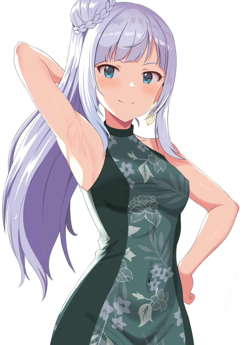 1girl, arm_behind_head, arm_up, armpits, baji_toufuu_(bajitohfu), blue_eyes, blue_hair, covered_navel