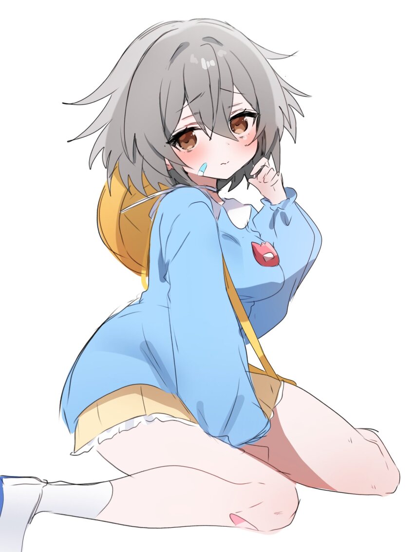 1girl, alternate_costume, arm_between_legs, bag, bandaid, bandaid_on_cheek, bandaid_on_face, bandaid_on_leg