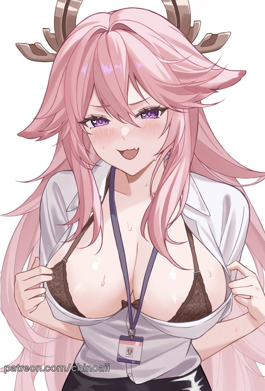 1girl, alternate_costume, black_bra, black_skirt, blush, bra, bra_peek, breasts