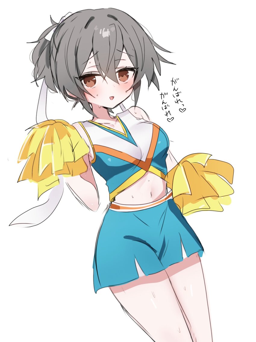 1girl, alternate_costume, belly, blush, breasts, brown_eyes, cheerleader, collarbone