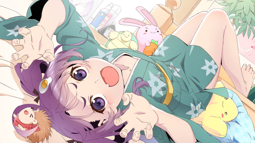 1girl, 22/7, 22/7_ongaku_no_jikan, ahoge, araragi_tsukihi, araragi_tsukihi_(cosplay), bakemonogatari, barefoot, bed, bedroom, black_ribbon, claw_pose, collarbone, cosplay, dutch_angle, egg_hair_ornament, fang, floral_print, floral_print_kimono, food-themed_hair_ornament, game_cg, green_kimono, hair_ornament, hair_ribbon, hedgehog, highres, indoors, japanese_clothes, kimono, looking_at_viewer, lying, monogatari_(series), non-web_source, obi, official_art, on_back, open_mouth, print_kimono, purple_eyes, purple_hair, rabbit, ribbon, sash, short_kimono, smile, solo, tojo_yuki, turtle, twintails, upside-down, watanabe_akio, yellow_sash