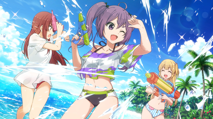 22/7, 22/7_ongaku_no_jikan, 3girls, ahoge, beach, bikini, black_ribbon, blonde_hair