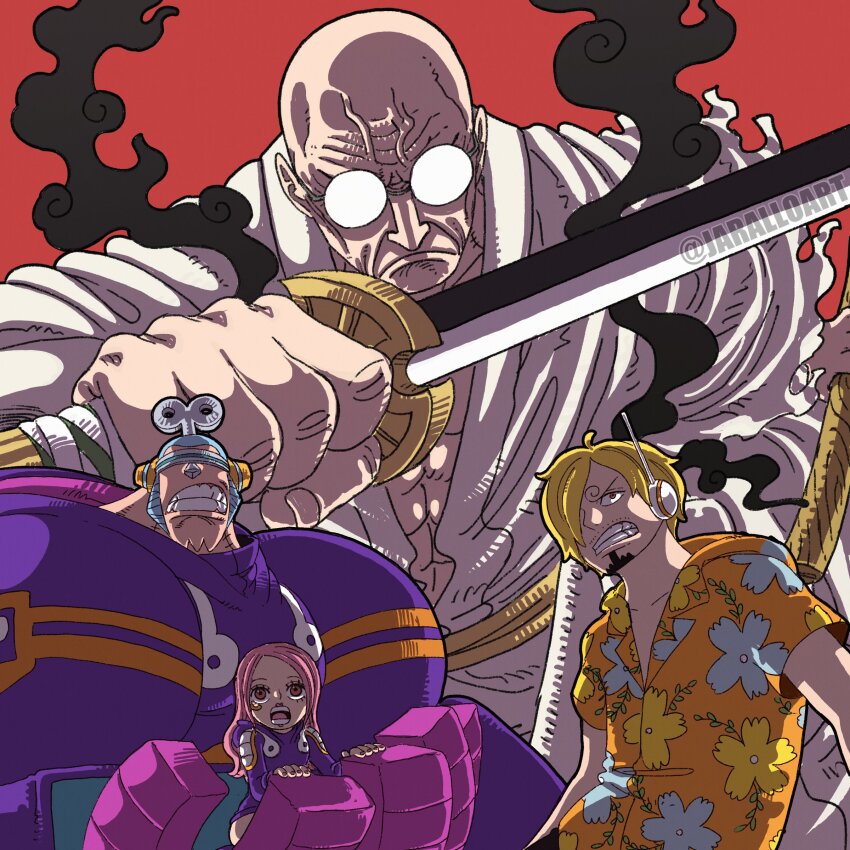 1girl, 3boys, absurdres, bald, black_fire, blonde_hair, blue_hair, clenched_teeth