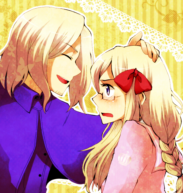 1boy, 1girl, axis_powers_hetalia, bad_id, bad_pixiv_id, blonde_hair, blouse, blush