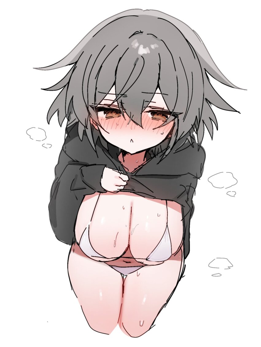 1girl, :<, alternate_costume, arm_behind_back, bikini, black_hoodie, blush, breasts