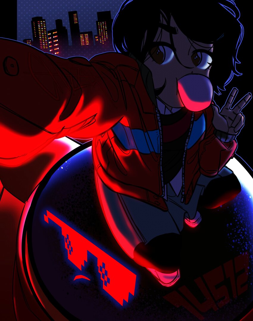 1girl, absurdres, chewing_gum, chizzily, cityscape, hair_between_eyes, highres, making-of_available