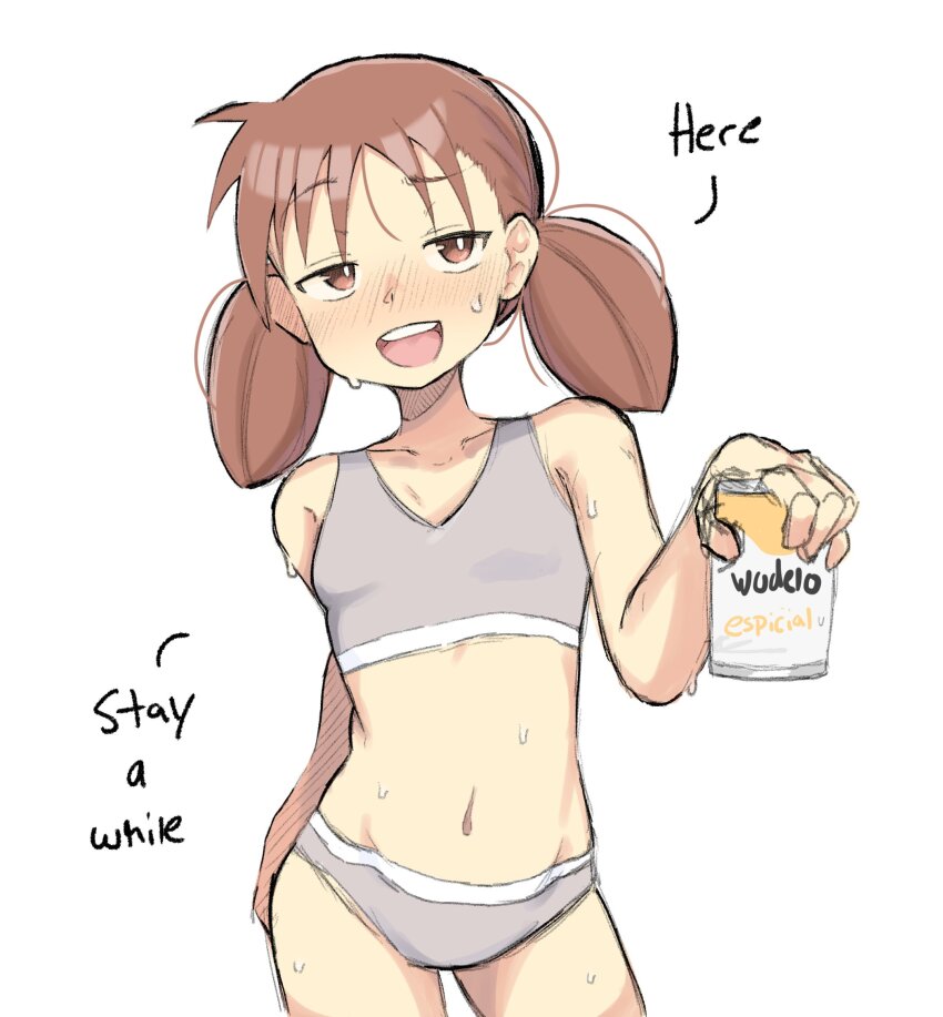 1girl, :d, azumanga_daiou, beer_can, blush, bra, breasts, brown_eyes, brown_hair, can, drink_can, highres, loli, mihama_chiyo, modelo_(beer), navel, open_mouth, panties, simple_background, small_breasts, smile, sports_bra, sweat, teeth, twintails, underwear, upper_teeth_only, white_background, zlix0n