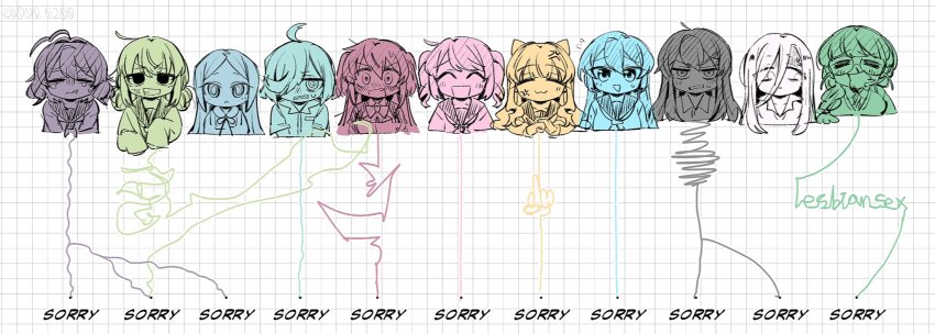 6+girls, ahoge, akoya_matama, an_sin, anemo_nemo, anger_vein, araga_kiwi, blush, bow, braid, closed_eyes, drooling, english_text, everyone, glasses, grid_background, hair_bow, hair_over_one_eye, hanabishi_haruka, highres, hiiragi_utena, himejoshi, korean_commentary, long_hair, long_sleeves, looking_at_viewer, mahou_shoujo_ni_akogarete, medium_hair, meme, middle_finger, minakami_sayo, momomori_momo, morino_korisu, multiple_girls, short_hair, side_braid, simple_background, sleeves_past_wrists, sorry_line_(meme), tada_randa, tanaka_michiko, tenkawa_kaoruko