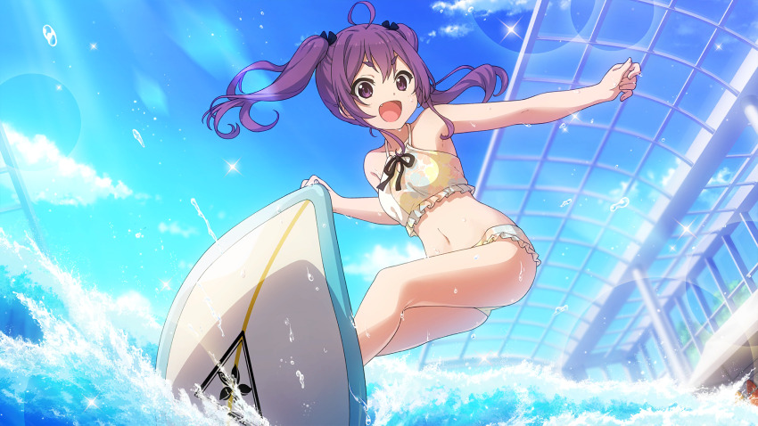 1girl, 22/7, 22/7_ongaku_no_jikan, ahoge, bikini, black_ribbon, blue_sky, blurry