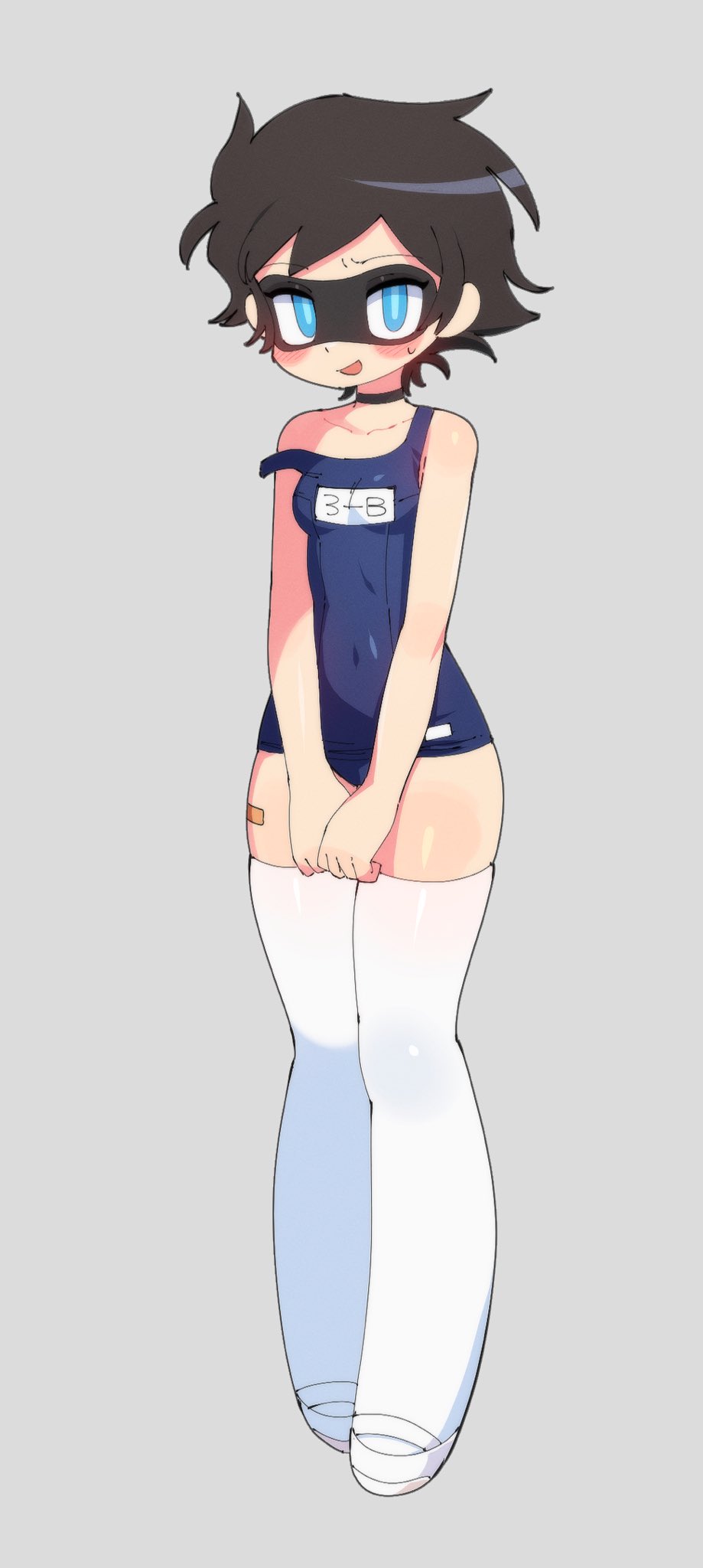 1girl, bandaid, bandaid_on_leg, batman_(series), blue_eyes, blush, breasts, brown_hair