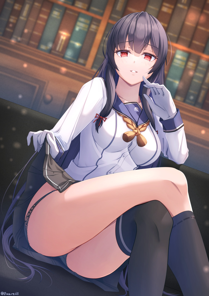 1girl, asymmetrical_legwear, black_hair, black_lace_trim, black_panties, blush, breasts, commission, crossed_legs, gloves, hachiware_(8ware63), hair_ribbon, highres, isokaze_(kancolle), kantai_collection, kneehighs, lace, lace-trimmed_panties, lace_trim, library, long_hair, long_sleeves, looking_at_viewer, medium_breasts, neckerchief, panties, pleated_skirt, red_eyes, ribbon, school_uniform, serafuku, single_kneehigh, single_sock, single_thighhigh, sitting, skeb_commission, skirt, smile, socks, solo, thighhighs, tress_ribbon, underwear, uneven_legwear, white_gloves, yellow_neckerchief