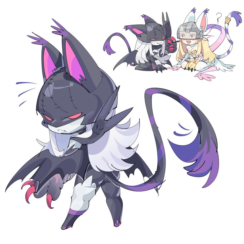 2girls, ?, angewomon, animal_ears, animal_hands, armor, ass, black_bodysuit, black_tail, blacktailmon, blacktailmon_(cosplay), blonde_hair, bodysuit, breastplate, cat_ears, cat_girl, cat_tail, chibi, colored_skin, cosplay, covered_eyes, digimon, digimon_(creature), gloves, grey_hair, grey_skin, helmet, helmet_over_eyes, highres, ladydevimon, long_hair, multiple_girls, paw_gloves, pink_ribbon, ribbon, simple_background, stitches, striped_tail, tail, tailmon, tailmon_(cosplay), torn_bodysuit, torn_clothes, white_background, white_tail, zocehuy